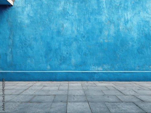 Blue textured wall and gray tiled sidewalk at eye level; urban backdrop for product placement or design element in city setting