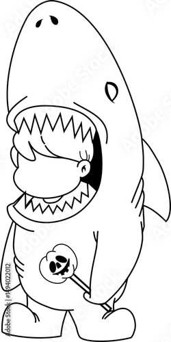 minimalist lineart vector of a little boy in a shark costume