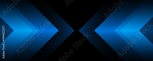 Blue black techno abstract background overlap layer on dark space with arrow lines effect decoration. Modern graphic design element cutout style concept for web banner, flyer, card, or brochure cover