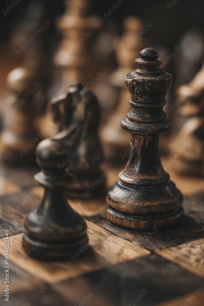 Fototapeta premium Chess Pieces on Board Close Up Strategic Game Play Dark Wood Grain Focus on Queen Pawn Knight Strategy