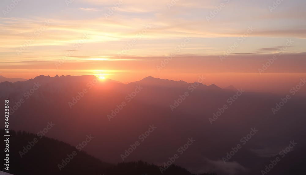 Serene mountainscape under soft pastel sunrise, ethereal beauty above peaks Serene mountainscape under soft pastel sunrise, ethereal beauty above peaks
