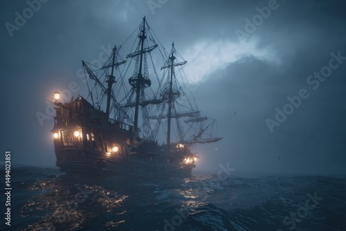 Tall Ship Sailing on Stormy Seas at Night Low Angle View Moody Lighting Maritime Adventure