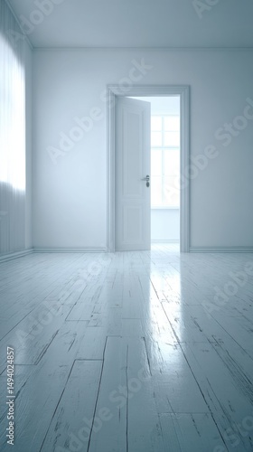 Open door in empty room, white interior design, bright light from window, inviting, minimalist style, clean aesthetic, vertical composition