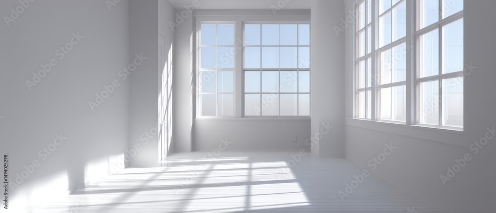 Obraz premium Bright White Room Interior with Sunlight Streaming Through Windows Architectural Detail Minimalist Design Clean Empty Space