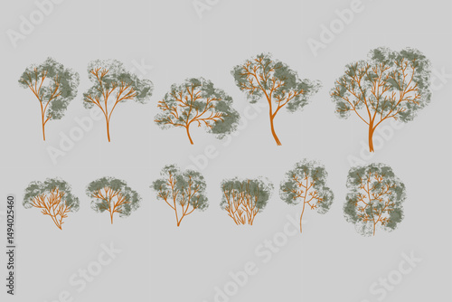 Set of trees vector graphic, background, clipart, facades, garden, landscape, nature.
