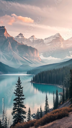 serene mountain lake landscape with trees and snow-capped peaks for iphones dark battery saver wallpapers