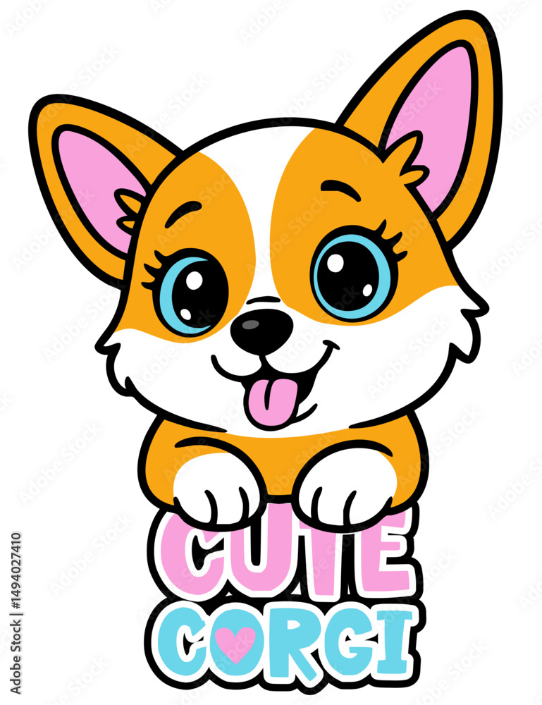 Fototapeta premium Cute abstract illustration with cute dog corgi. Design for children and girls. Fashion girlish print for t-shirt