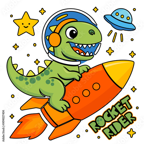 Vector illustartion of cartoon dinosaur on rocket isolated on white background.