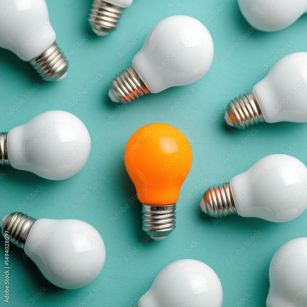 Lightbulb Pattern with Orange Bulb Standing Out Flat Lay on Teal Background Concept for Innovation and Creativity Lightbulb Pattern with Orange Bulb Standing Out Flat Lay on Teal Background Concept for Innovation and Creativity