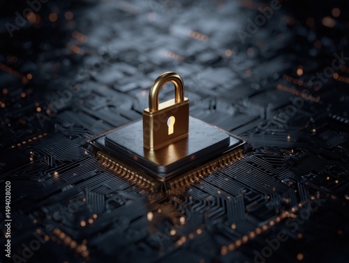 Golden Padlock Securing a Microchip on a Circuit Board Close Up Digital Security Cyber Security Data Protection Information Technology Concept