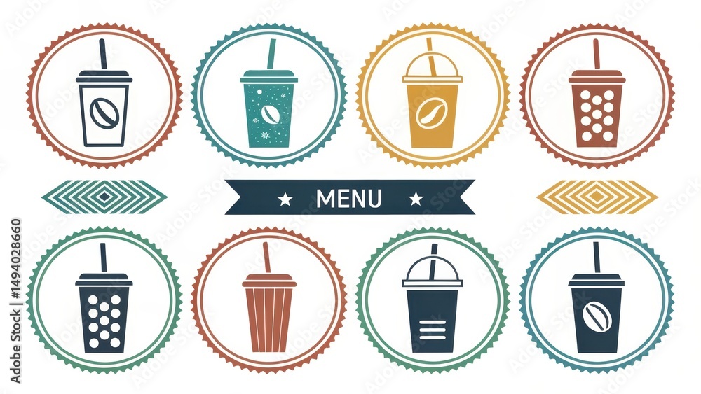 Colorful Pictograms of Drinks and Cups with Straws for Menus Colorful Pictograms of Drinks and Cups with Straws for Menus