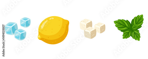 Full lemon, mint leaves, sugar cubes and ice set in cartoon style. Vector isolated illustration on white background