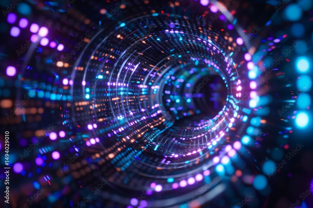 Fototapeta premium Futuristic data tunnel illuminated with vibrant blue, purple, and orange lights, suggesting digital connectivity and high-speed data transfer.