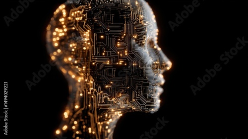 Artificial Intelligence Head Profile with Circuitry and Glowing Lights on Black Background Digital Art