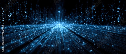 Abstract Glowing Blue Light Streaks Converging Perspective Low Angle Shot Digital Art Futuristic Technology Background