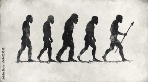 An artistic representation captures the evolution of humans starting from primal ancestors to early man wielding a spear showcasing the journey of survival and adaptation over time.