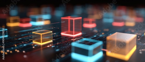 Abstract Data Cubes Floating on Network Grid Close Up Shot of Digital Information Architecture for Technology Concept