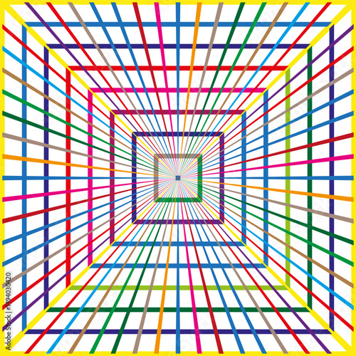 Square tunnel shape. Colorful line pattern. Abstract perspective figure. Vector geometry.