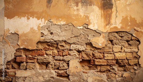 Close-up photography of a damaged wall section of a historic building, the plaster peeling off and revealing the ancient stone beneath, which has aged and eroded over time, warm and diffused lighting