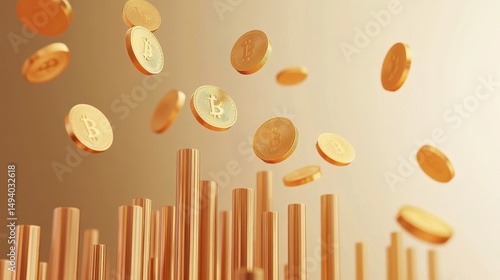Financial success, golden coins rising along graph lines, 3D illustration. 