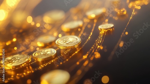 Financial success, golden coins rising along graph lines, 3D illustration. 