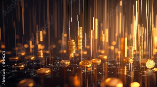 Financial success, golden coins rising along graph lines, 3D illustration. 