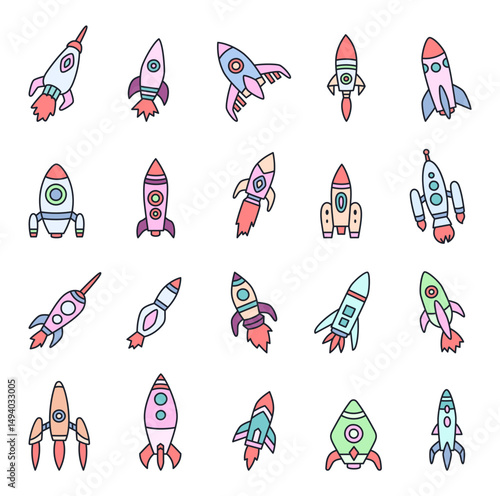 Spaceship set exploration mission featuring various rocket spacecraft designs for galaxy travel, space journey, orbital research, cosmic discovery, and advanced navigation adventures