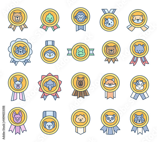 Medal animal characters with cute ribbon awards including bear, chameleon, gorilla, cat, otter, raccoon, penguin, dragon, tapir, hare, elephant, capybara, fox.