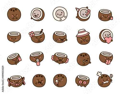 Coconut fruit character set showing smiling emotions, mug, party celebrations, romantic hearts, selfie moments, magical fairy wings, halloween costumes and chef cooking