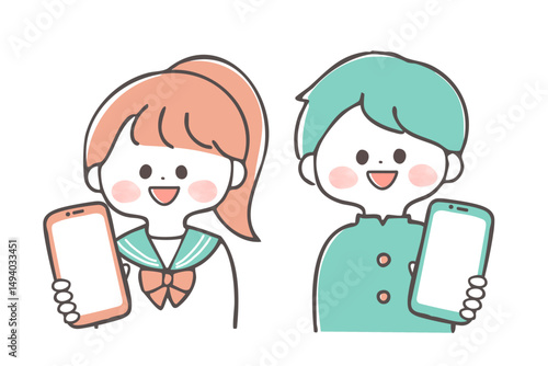 スマートフォンの画面を見せる中学生・高校生　手書きのイラスト　フルカラー