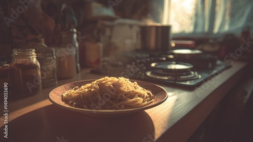 Steaming spaghetti on a wooden table, bathed in golden light, evoking warmth and comfort in a cozy home.