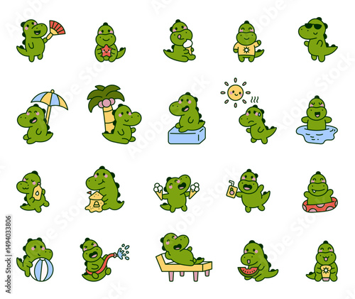 Crocodile summer character set enjoying funny beach activities swimming relaxing holding drinks eating sweet watermelon for yours illustration and creative designs projects