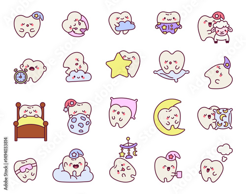 Tooth sleep character set showing adorable moments with nightcap dreams, cozy clouds, soft blankets, comfy pillows, smiling moons, mug for yours projects