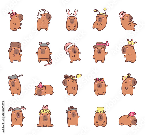 Capybara wearing funny hats with heart, antennae, bunny ears, star decorations, flower accessories, winter earmuffs, crown, frying pan, panama, baseball cap, for celebrations