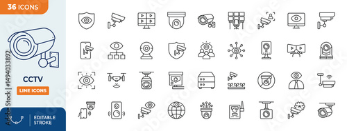Security camera line editable icon set. CCTV icon set. Contain icons related to cctv, surveillance, security camera, and more. Editable stroke. Vector illustration
