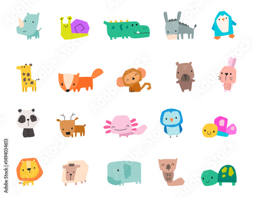 Cute cartoon animal character set in scandinavian style with charming forest and jungle creatures showing emotional poses for yours illustration and creative designs projects