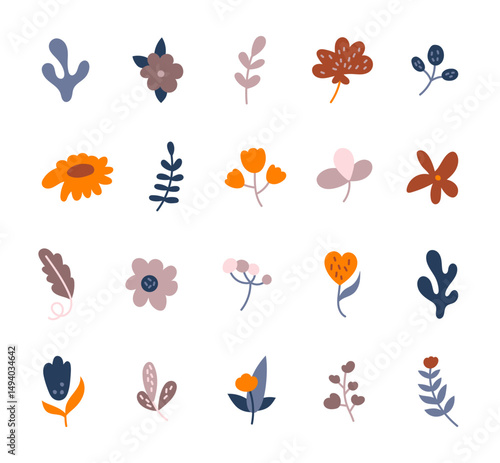 Flower scandinavian style set, natural decorative plants and charming botanical elements for your illustrations, creative designs projects and relaxing nature inspired compositions