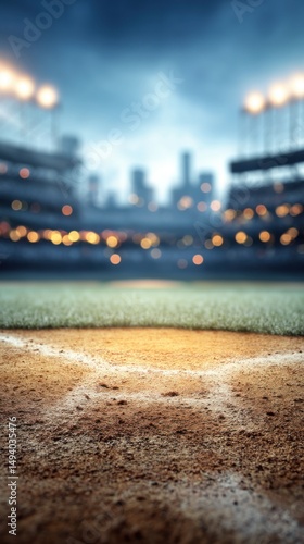 Low Angle View of Baseball Field Infield Dirt and Grass with Stadium Lights and City Skyline at Night