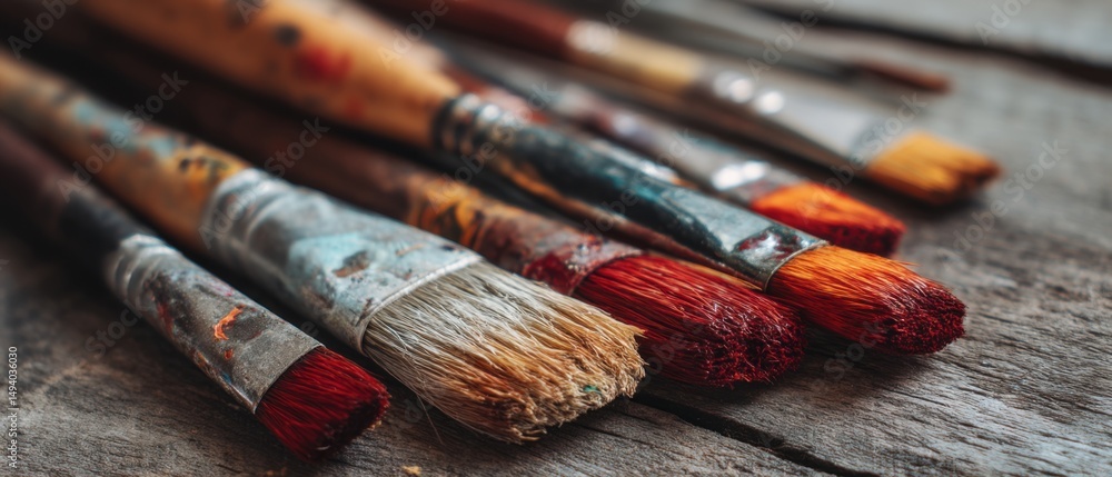 Fototapeta premium Row of Used Paintbrushes on Rustic Wood Surface Close Up Art Supplies Still Life