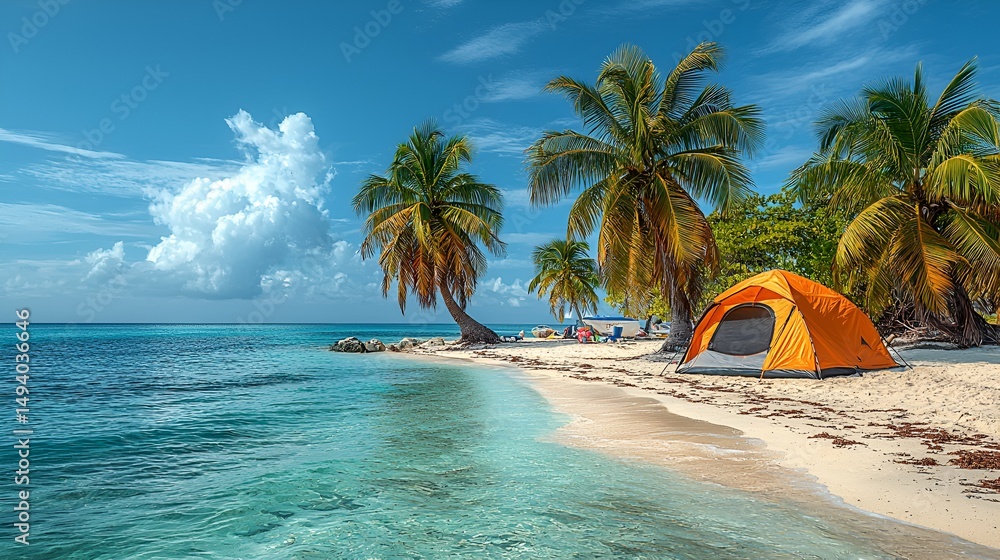 Naklejka premium Tropical beach camping scene with tent under palm trees.
