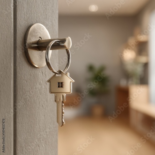 New home key hanging on open door in modern house interior close up shot real estate concept welcome