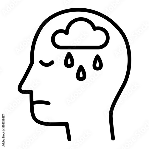 The head and rain icon in a line style symbolizes sadness. Stress icon in line style. Overthinking icon in line style. Mental illness icons