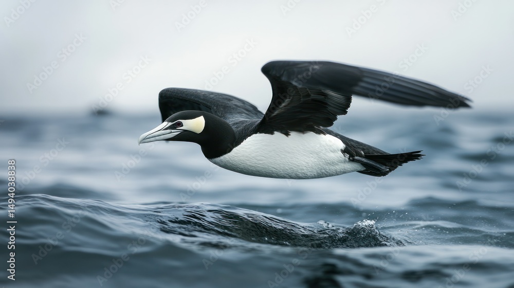 Fototapeta premium Dramatic ocean scene featu a black and white seabird gliding over choppy waves with wings spread wide, captu a dynamic moment in marine wildlife flight