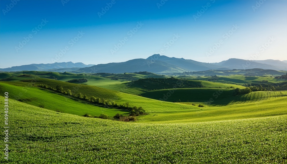 Obraz premium vibrant green fields with rolling hills and distant mountains under a clear blue sky