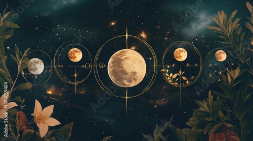 Stunning long exposure astrophotography scene of lunar phases showcasing full moon new moon and lunar cycles in night sky with stars and celestial elements framed by lush tropical plants and flowers