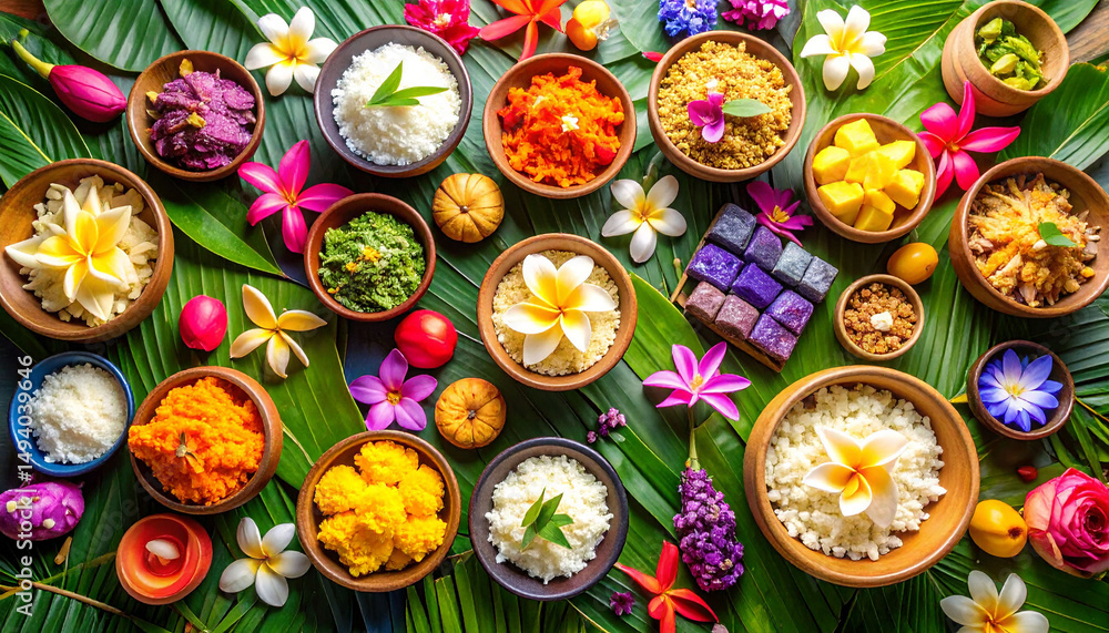 a vibrant display of various thai dishes arranged neatly around a central motif of tropical leaves. each dish is contained in a small bowl, suggesting an assortment of flavors and ingredients a vibrant display of various thai dishes arranged neatly around a central motif of tropical leaves. each dish is contained in a small bowl, suggesting an assortment of flavors and ingredients