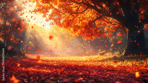 Autumnal forest scene with vibrant falling leaves.