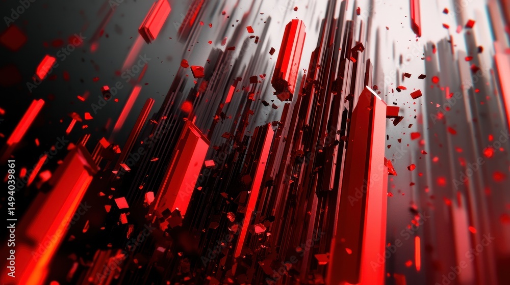 Obraz premium Stock market crash, shattered red candlestick graphs, 3D illustration.