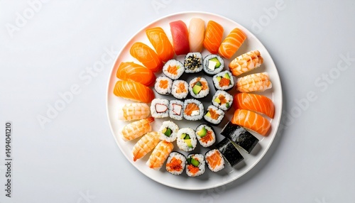 Professional photo of a plate of classic sushi neatly arranged on a white round plate, isolated on a light gray background with empty space on the left side