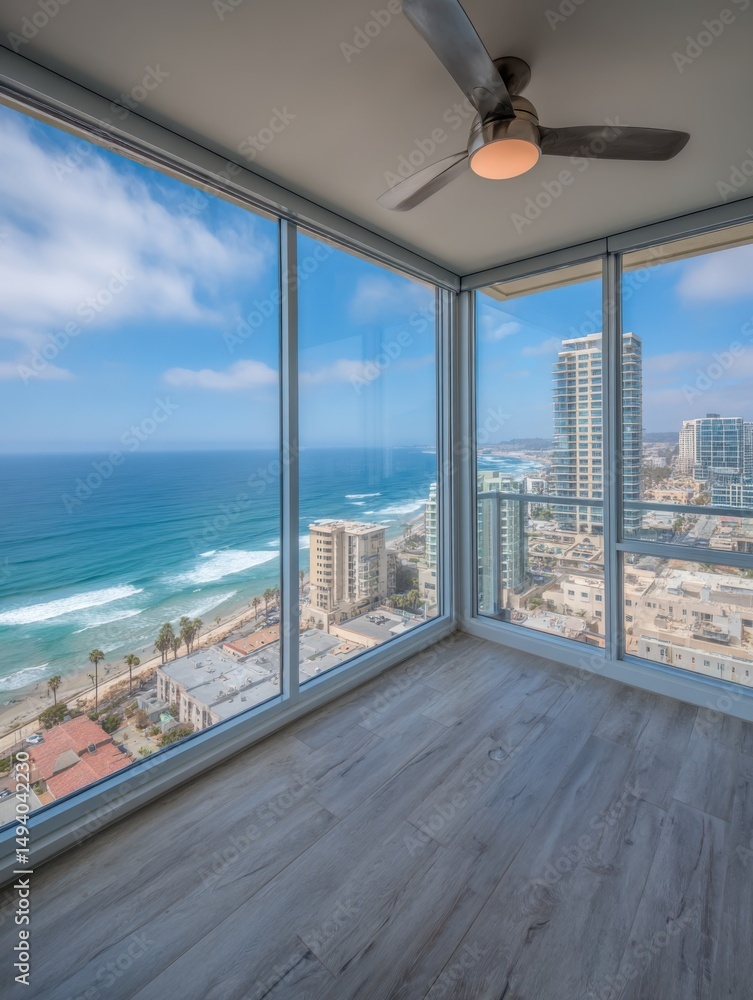 Fototapeta premium Ocean View from High-Rise Condo, Interior Corner Room with Hardwood Floors, Sunny Day, San Diego, California, USA
